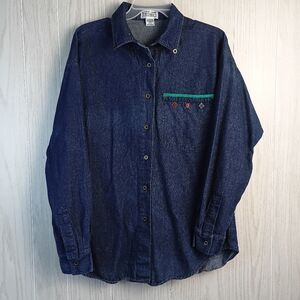 Vtg Technics denim blue 100% cotton button down w turquoise & red design pocket